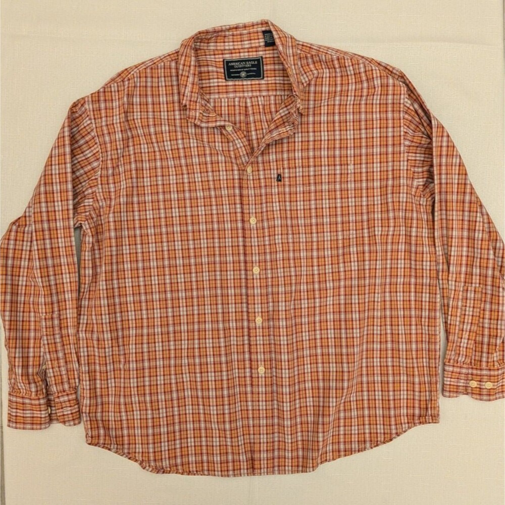 American Eagle Cotton Long Sleeve Button Down Shirt, Orange Plaid, Mens XL